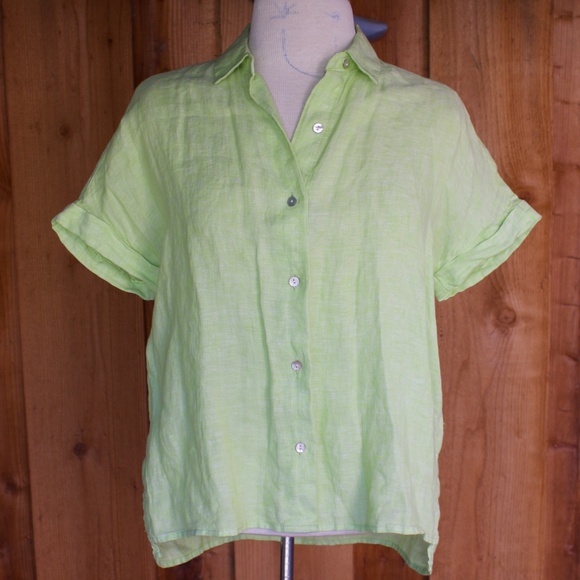 Tahari 100% Linen Lime Green Button Down Short Sleeve Blouse Size XS - Picture 1 of 16